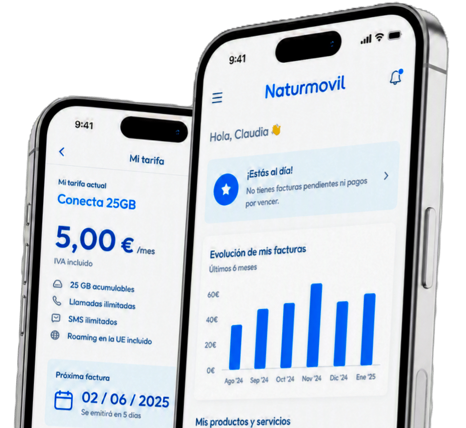 Pantallas de app móvil con tarifa y facturas